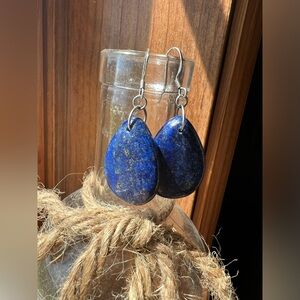 Handcrafted Natural Lapis Lazuli Puffed Teardrop Gemstone Dangle Earrings